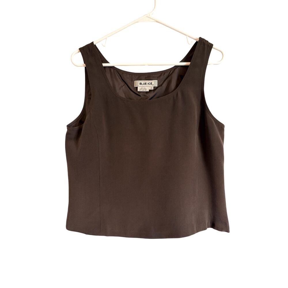 Blue Ice 100% Silk Sleeveless Top Brown Side Zip Lined Size 14 Old Money Y2K